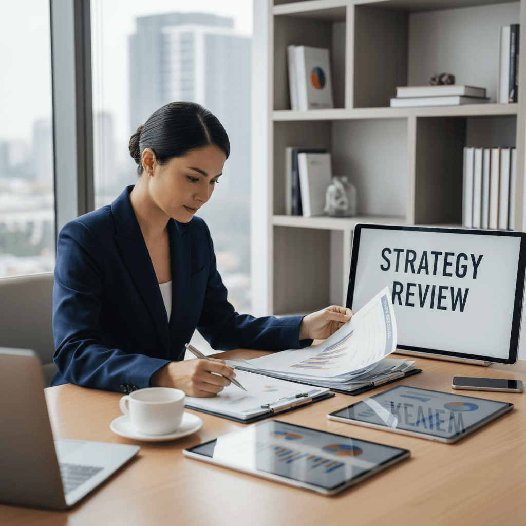 Consultant reviewing documents and charts at a meeting table
