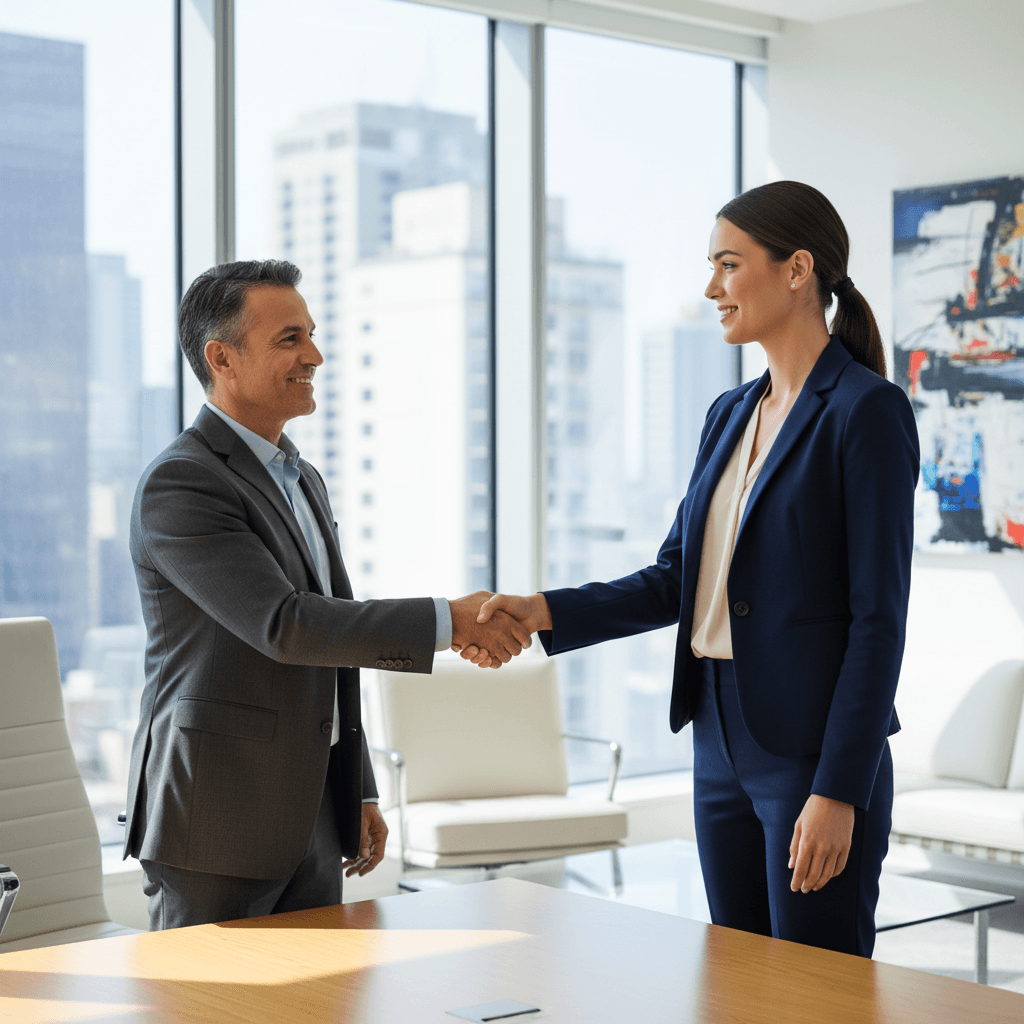 Professional handshake between consultant and client in an office