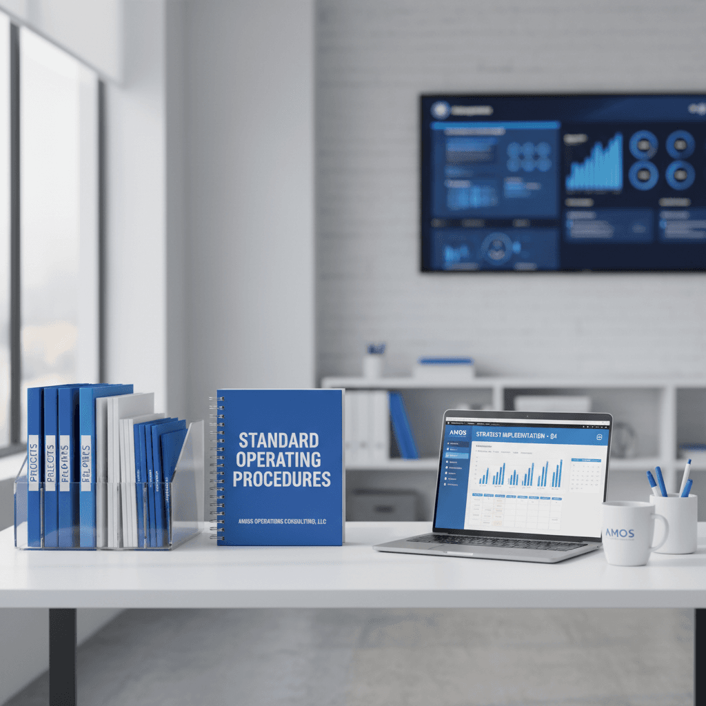 Organized office desk with folders and SOP manual symbolizing Amos Operations Consulting's efficiency and organization.