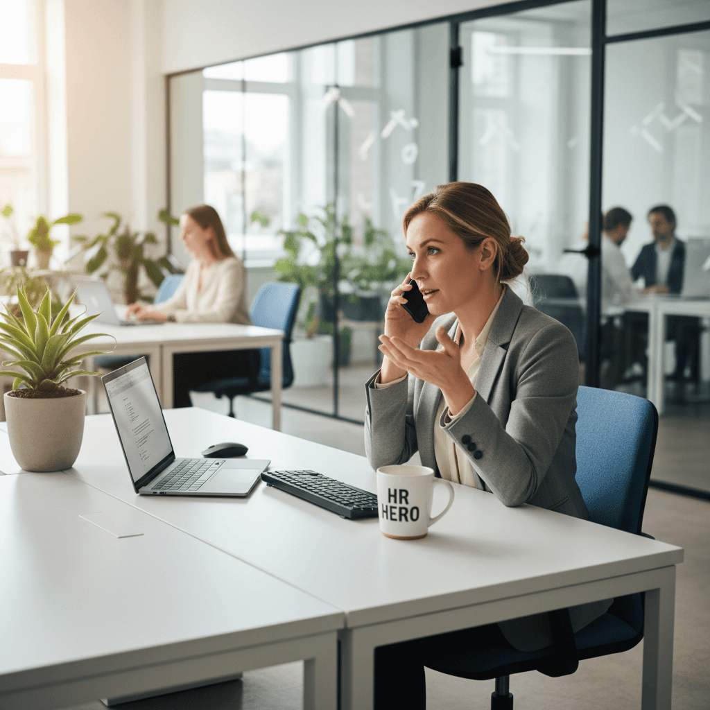 HR professional talking on phone at a bright office desk
