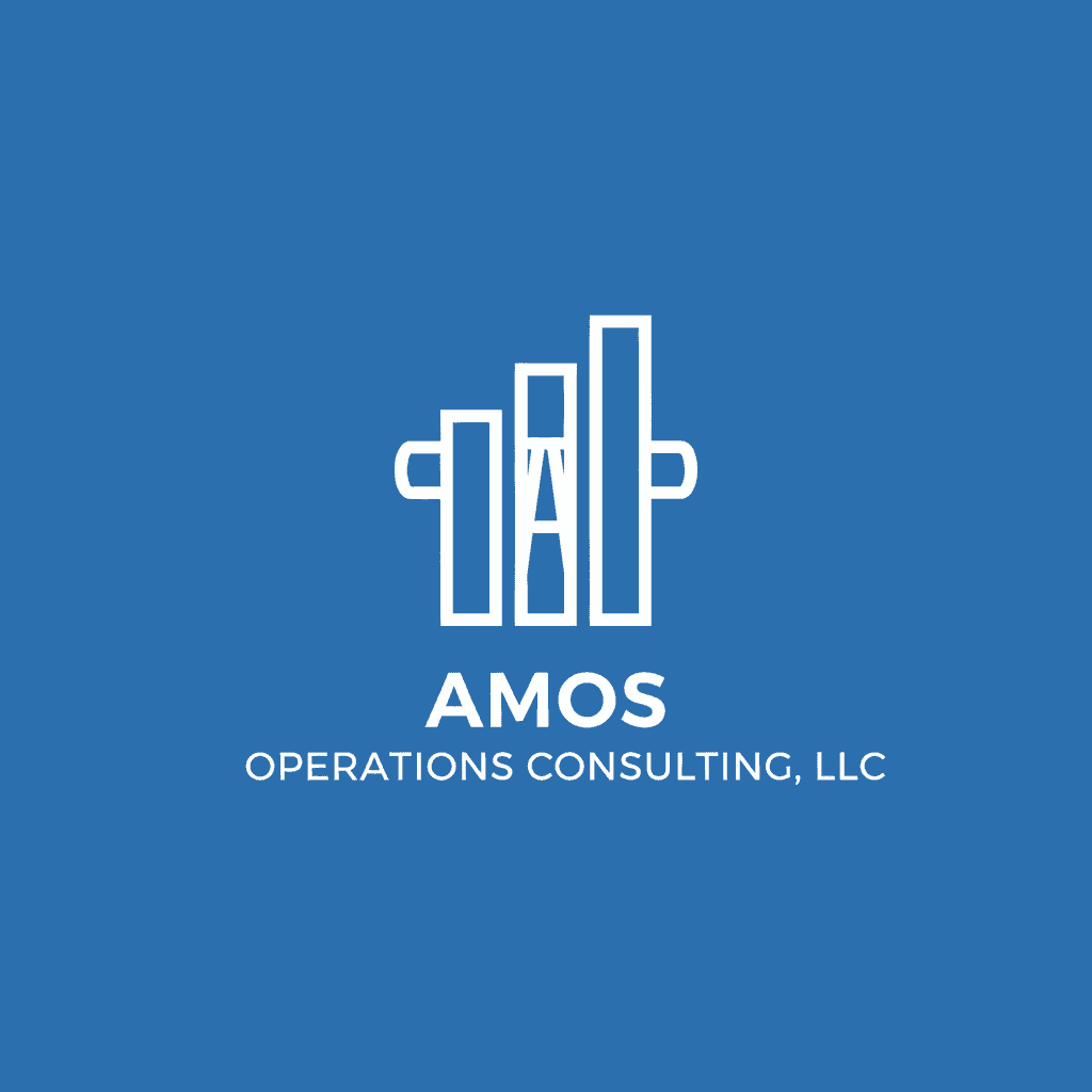 Minimal column logo for Amos Operations Consulting, LLC in royal blue and white.