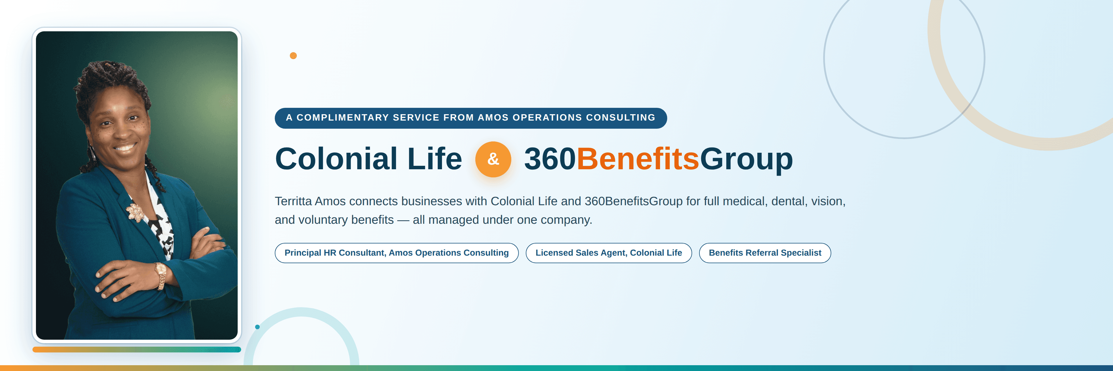 Territta Amos smiling in a teal blazer on a Colonial Life and 360BenefitsGroup banner.